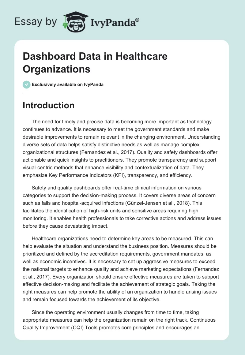 Dashboard Data in Healthcare Organizations. Page 1