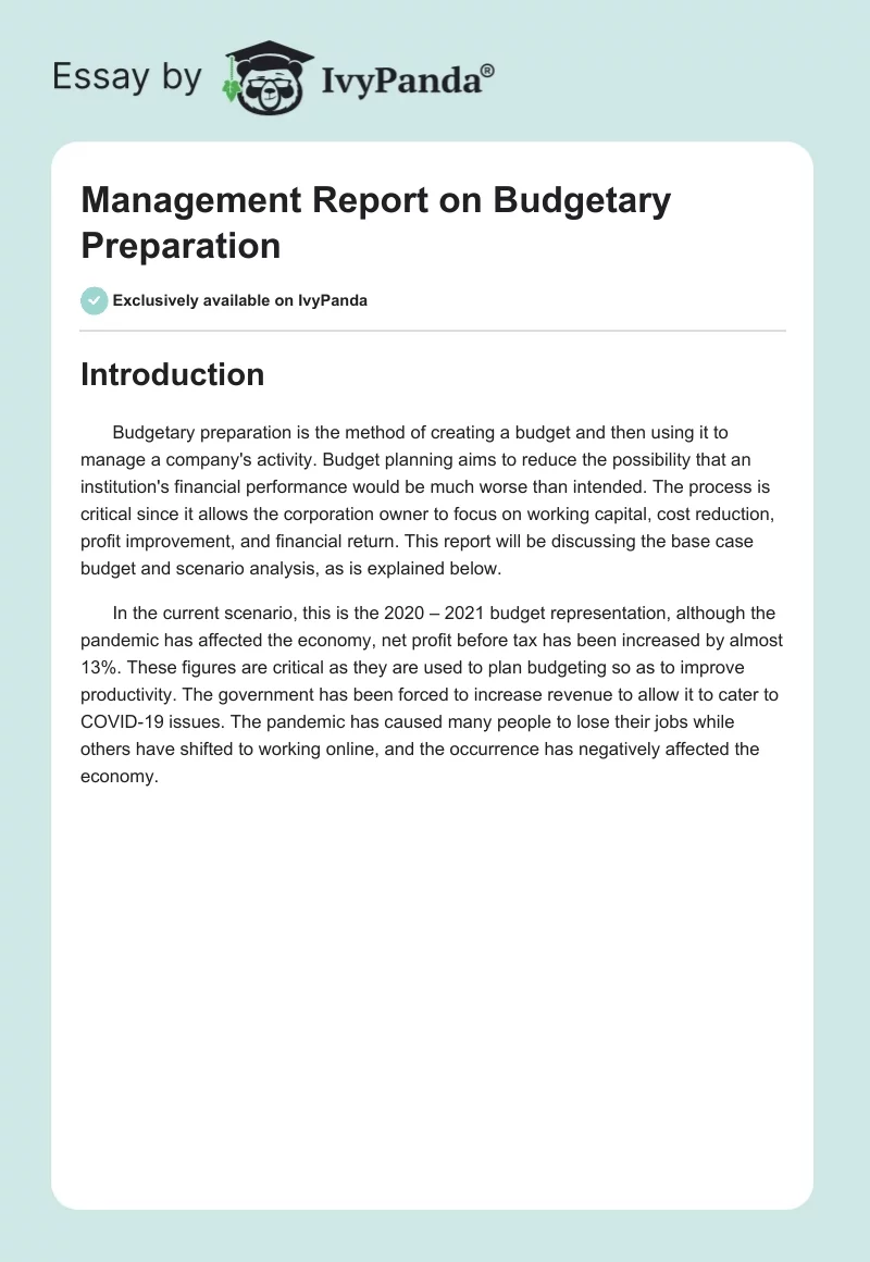 Management Report on Budgetary Preparation. Page 1