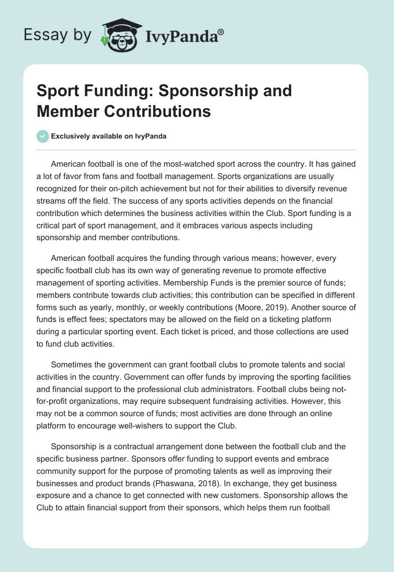 Sport Funding: Sponsorship and Member Contributions. Page 1