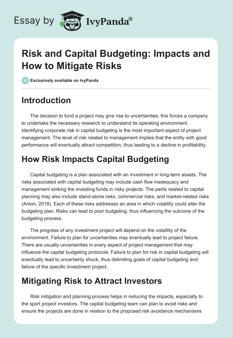 Risk and Capital Budgeting: Impacts and How to Mitigate Risks. Page 1