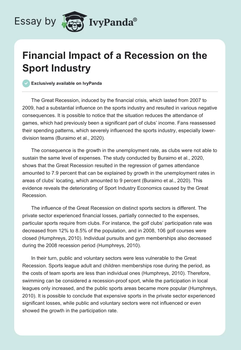 Financial Impact of a Recession on the Sport Industry. Page 1