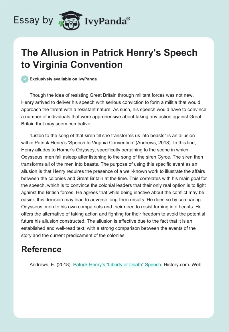 The Allusion in Patrick Henry's "Speech to Virginia Convention". Page 1