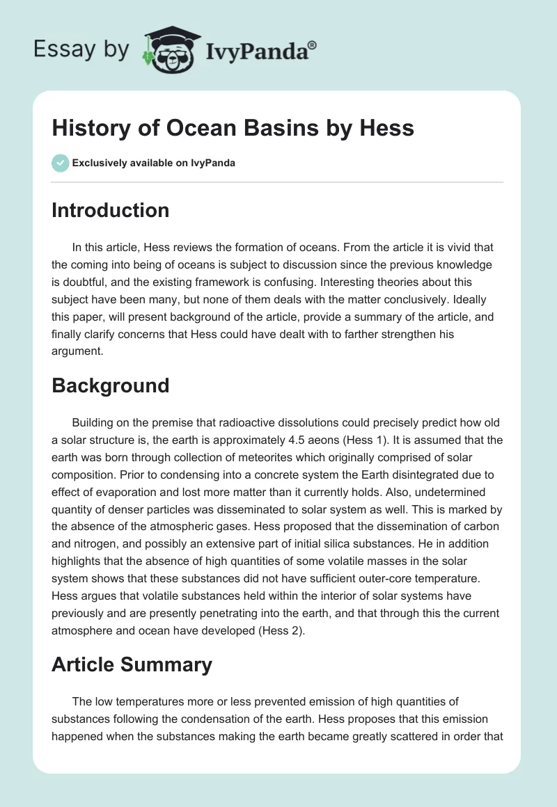 "History of Ocean Basins" by Hess. Page 1