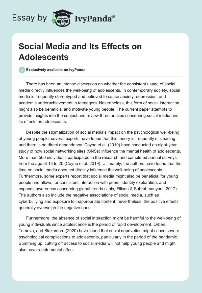 Social Media and Its Effects on Adolescents. Page 1