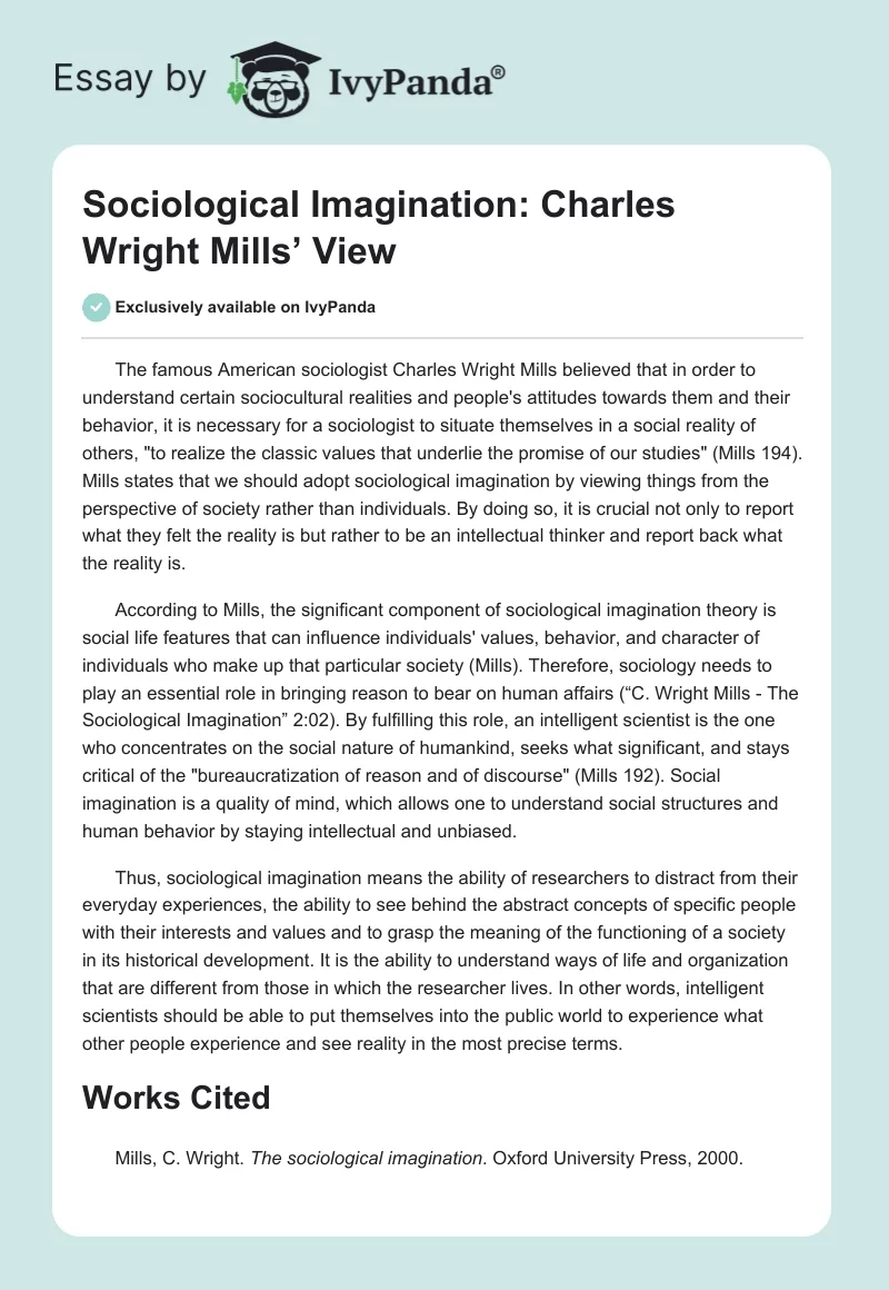 Sociological Imagination: Charles Wright Mills’ View. Page 1