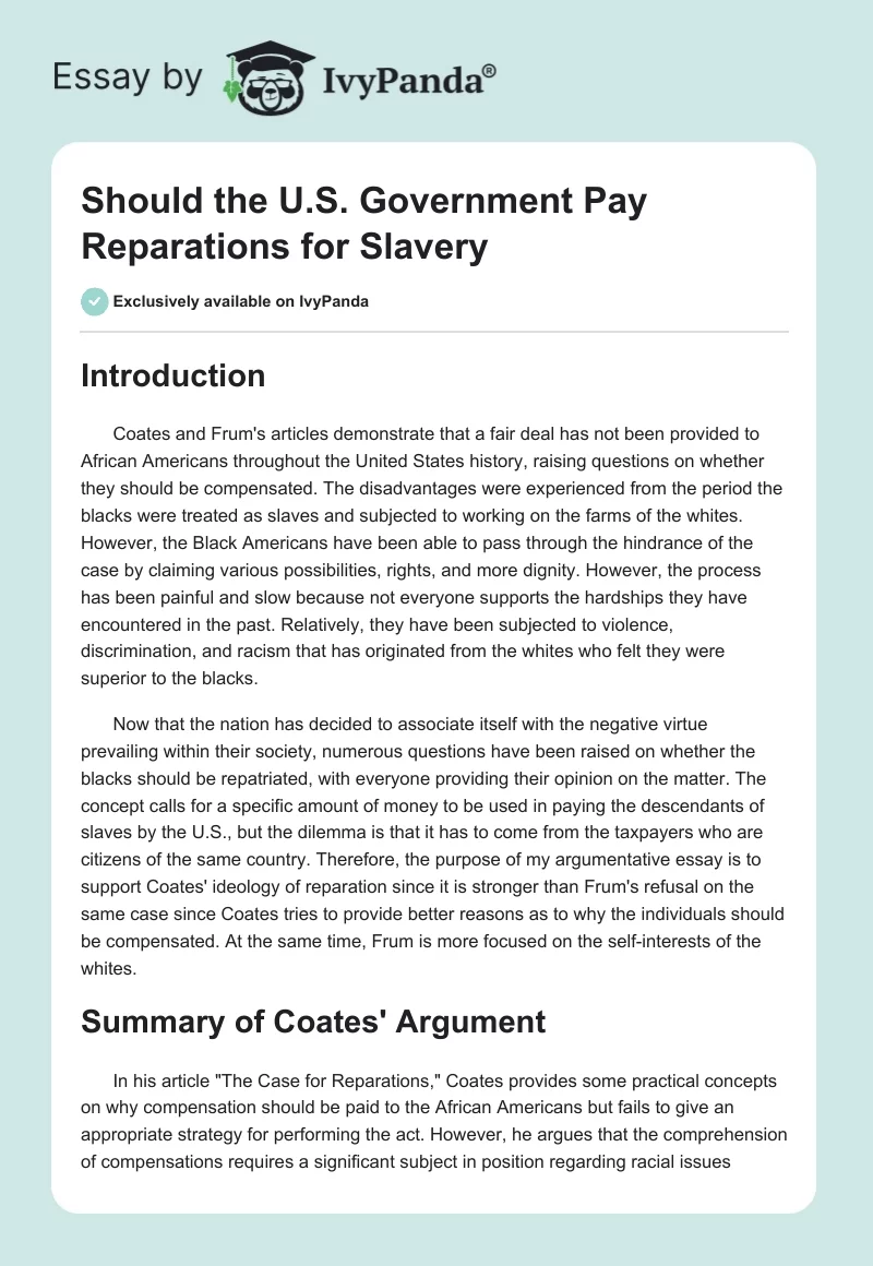 Should the U.S. Government Pay Reparations for Slavery. Page 1
