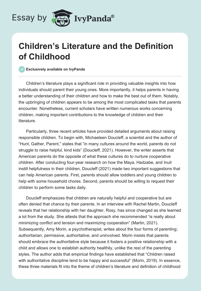 Children’s Literature and the Definition of Childhood. Page 1