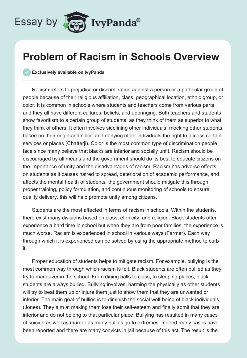 Problem of Racism in Schools Overview. Page 1
