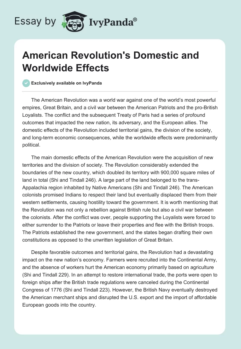American Revolution's Domestic and Worldwide Effects. Page 1