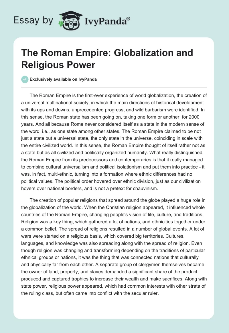 The Roman Empire: Globalization and Religious Power. Page 1