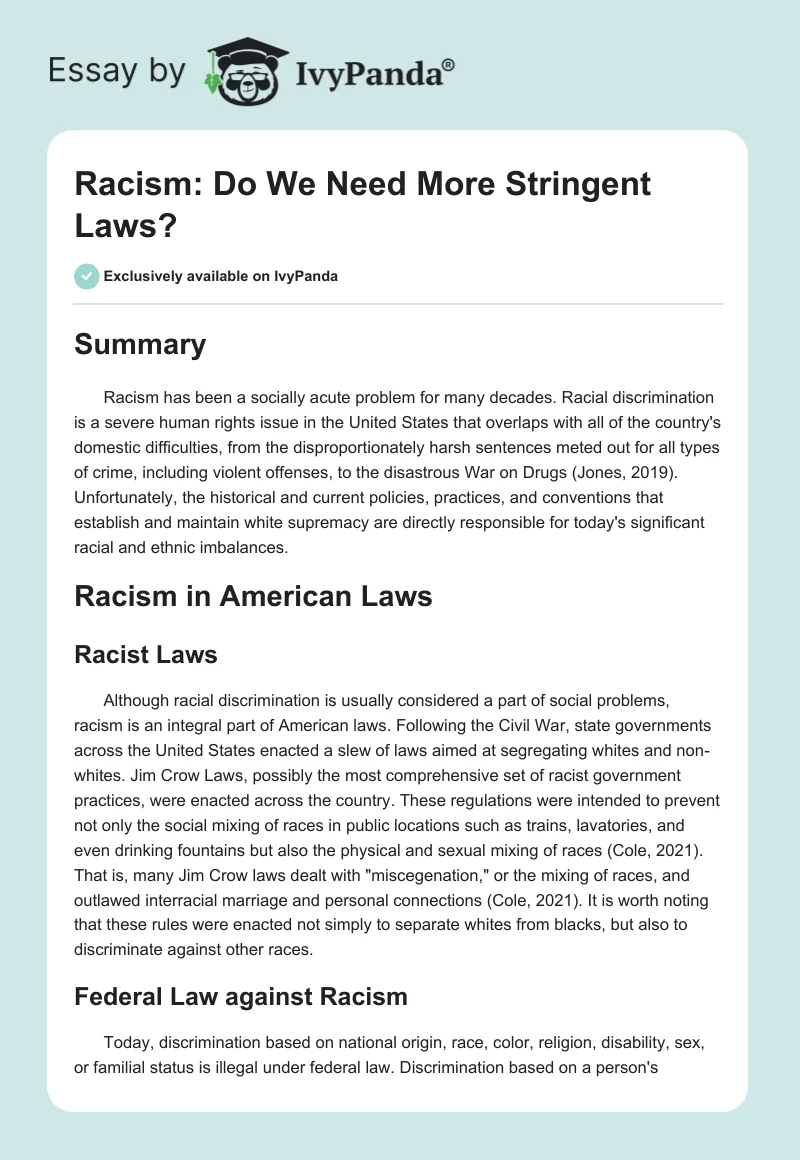 Racism: Do We Need More Stringent Laws?. Page 1
