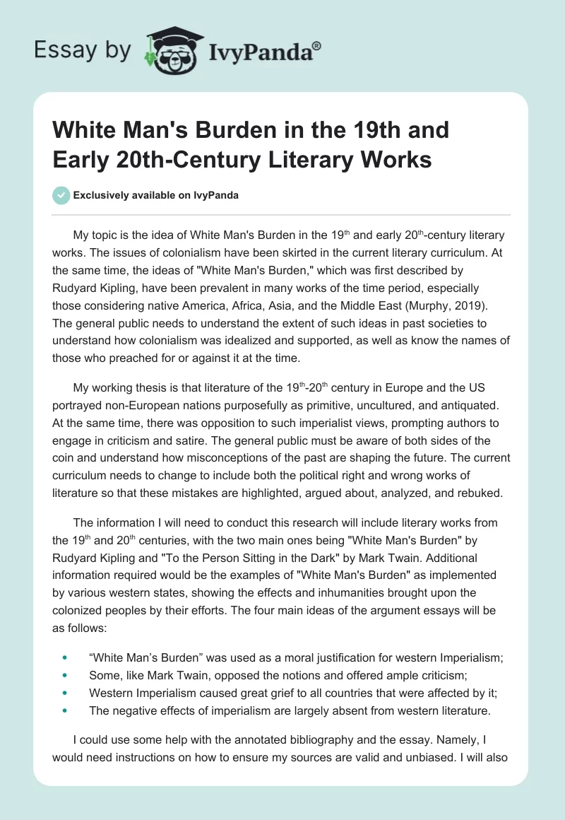 White Man's Burden in the 19th and Early 20th-Century Literary Works. Page 1