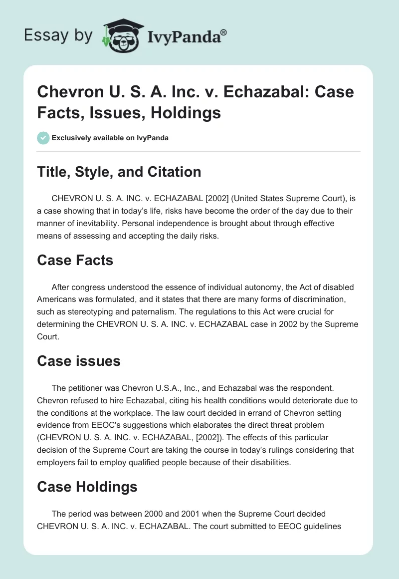 Chevron U. S. A. Inc. vs. Echazabal: Case Facts, Issues, Holdings. Page 1