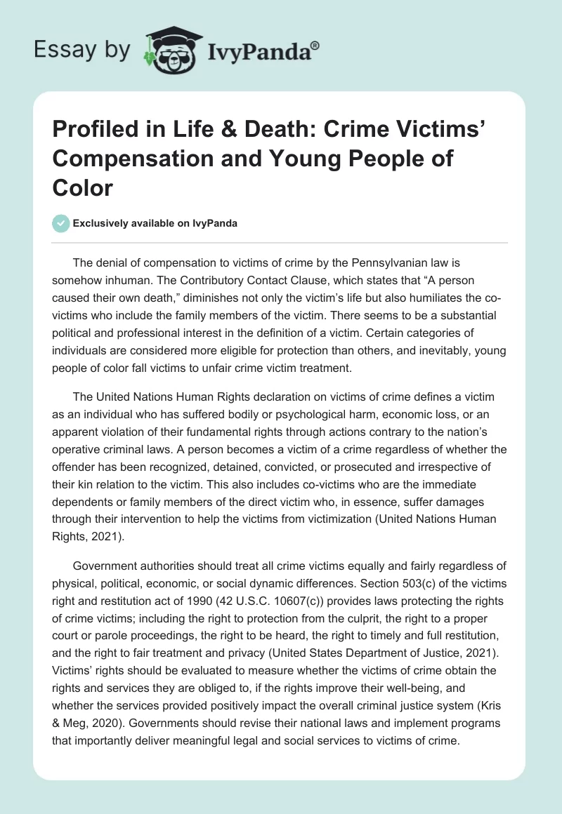 Profiled in Life & Death: Crime Victims’ Compensation and Young People of Color. Page 1