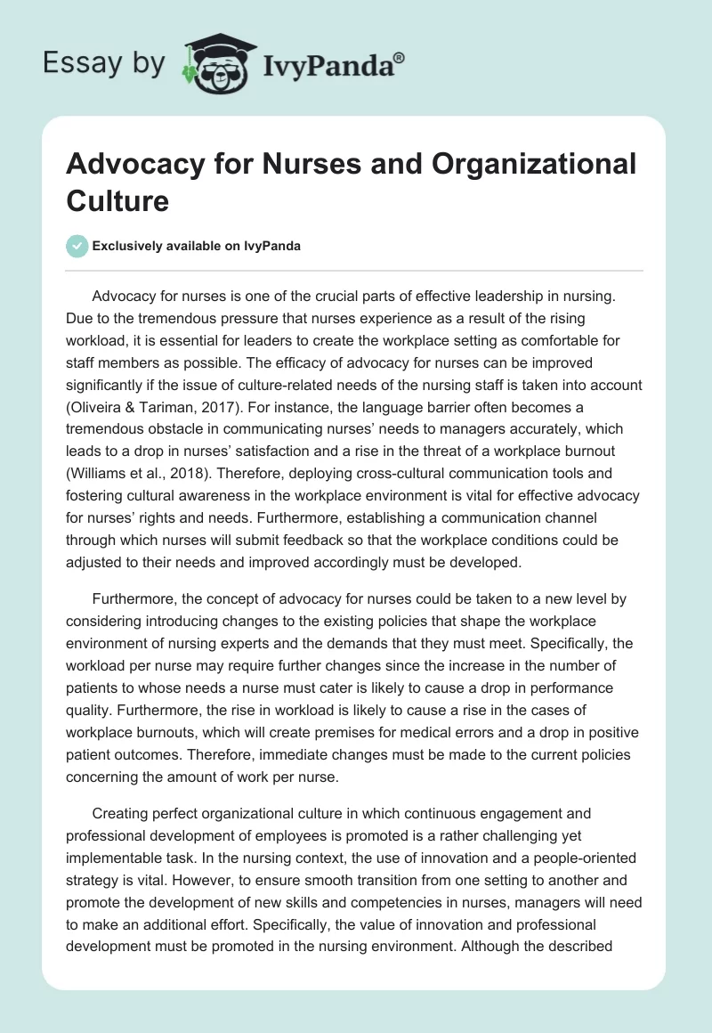 Advocacy for Nurses and Organizational Culture. Page 1