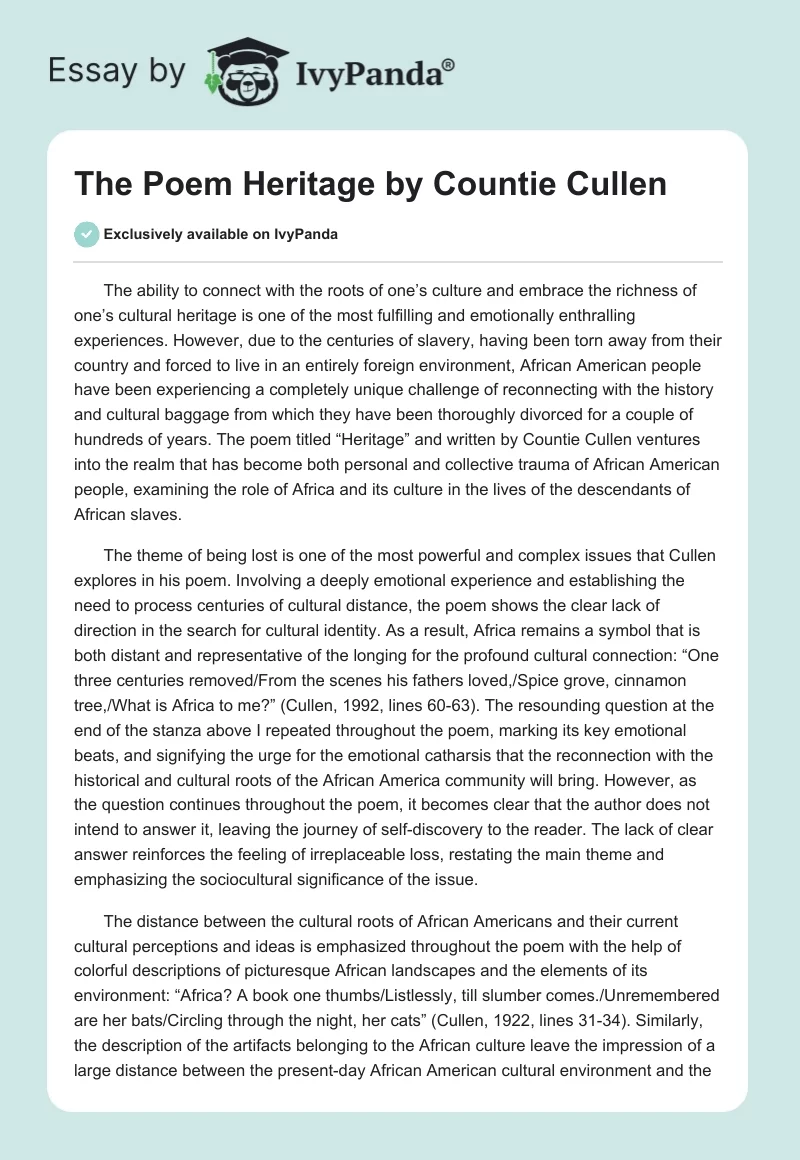The Poem "Heritage" by Countie Cullen. Page 1