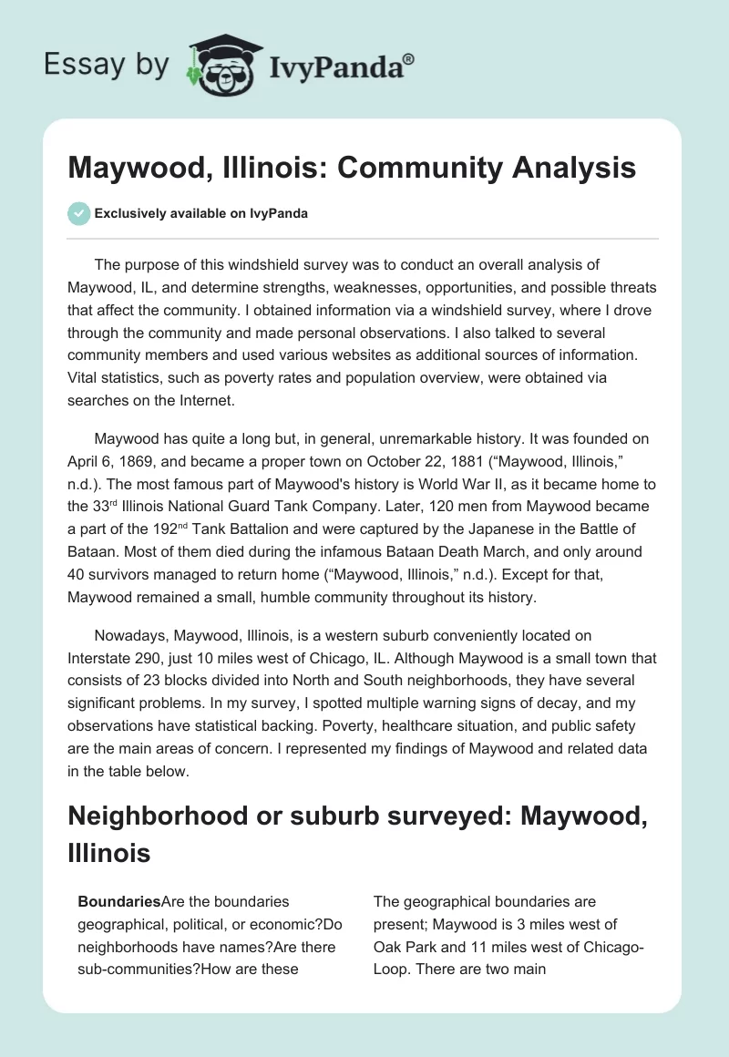 Maywood, Illinois: Community Analysis. Page 1