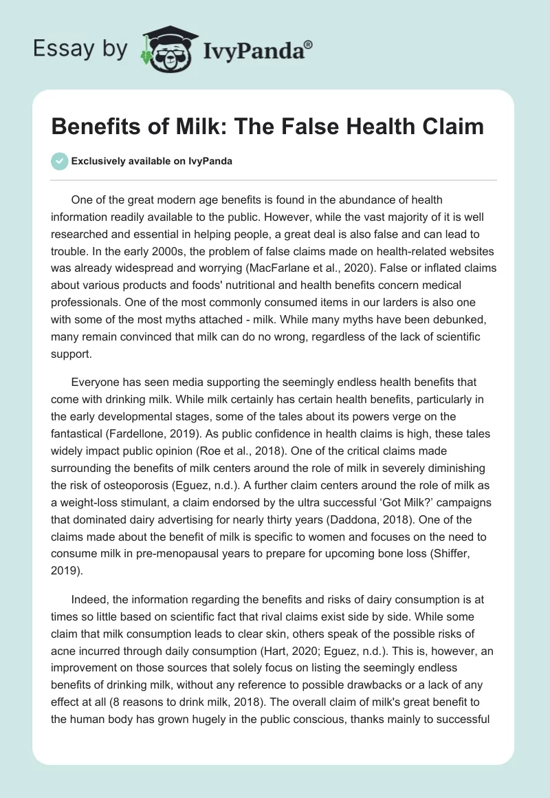 Benefits of Milk: The False Health Claim. Page 1