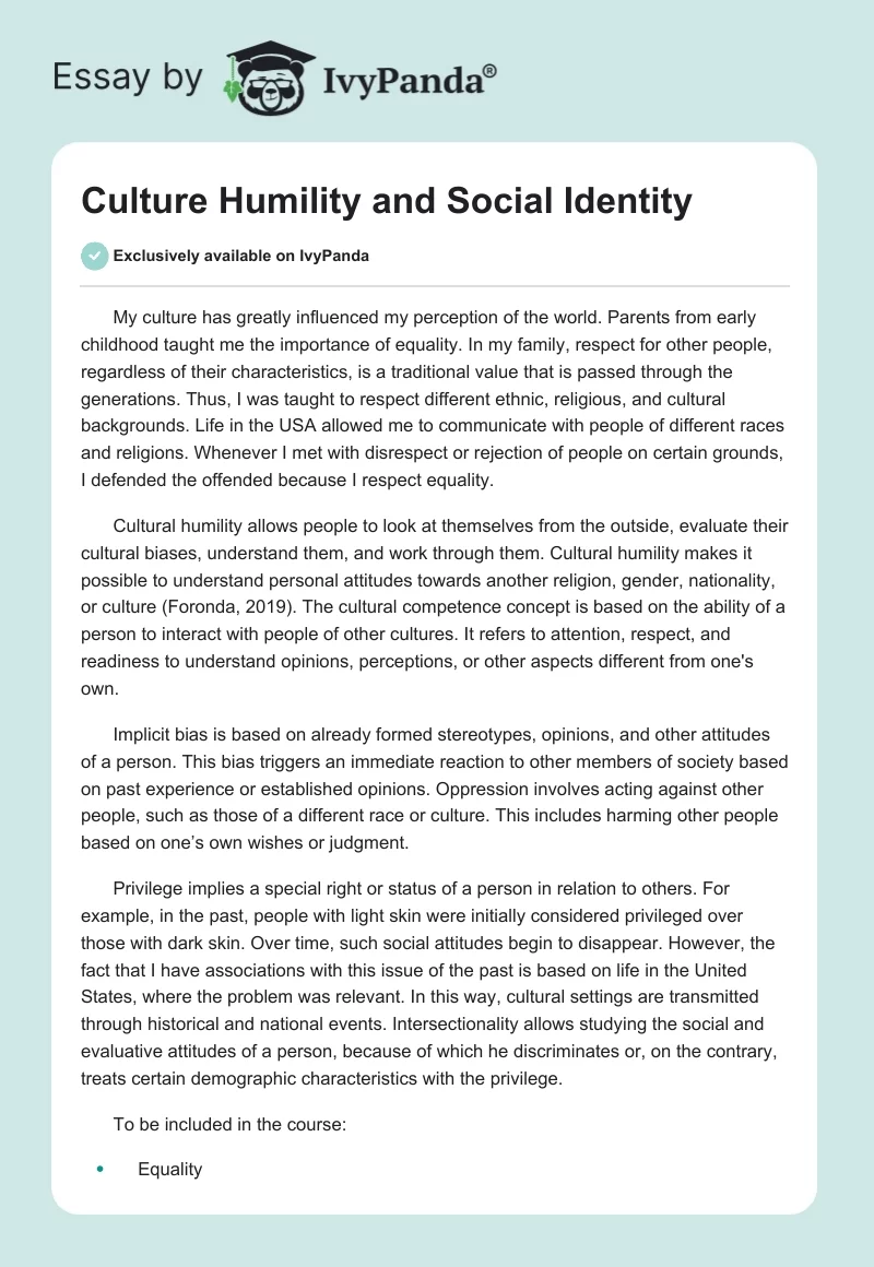 Culture Humility and Social Identity. Page 1