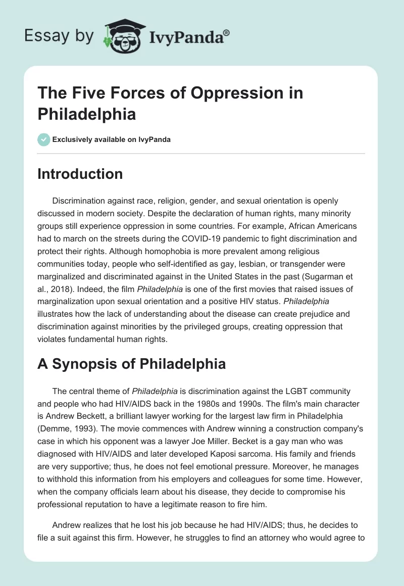 The Five Forces of Oppression in "Philadelphia". Page 1