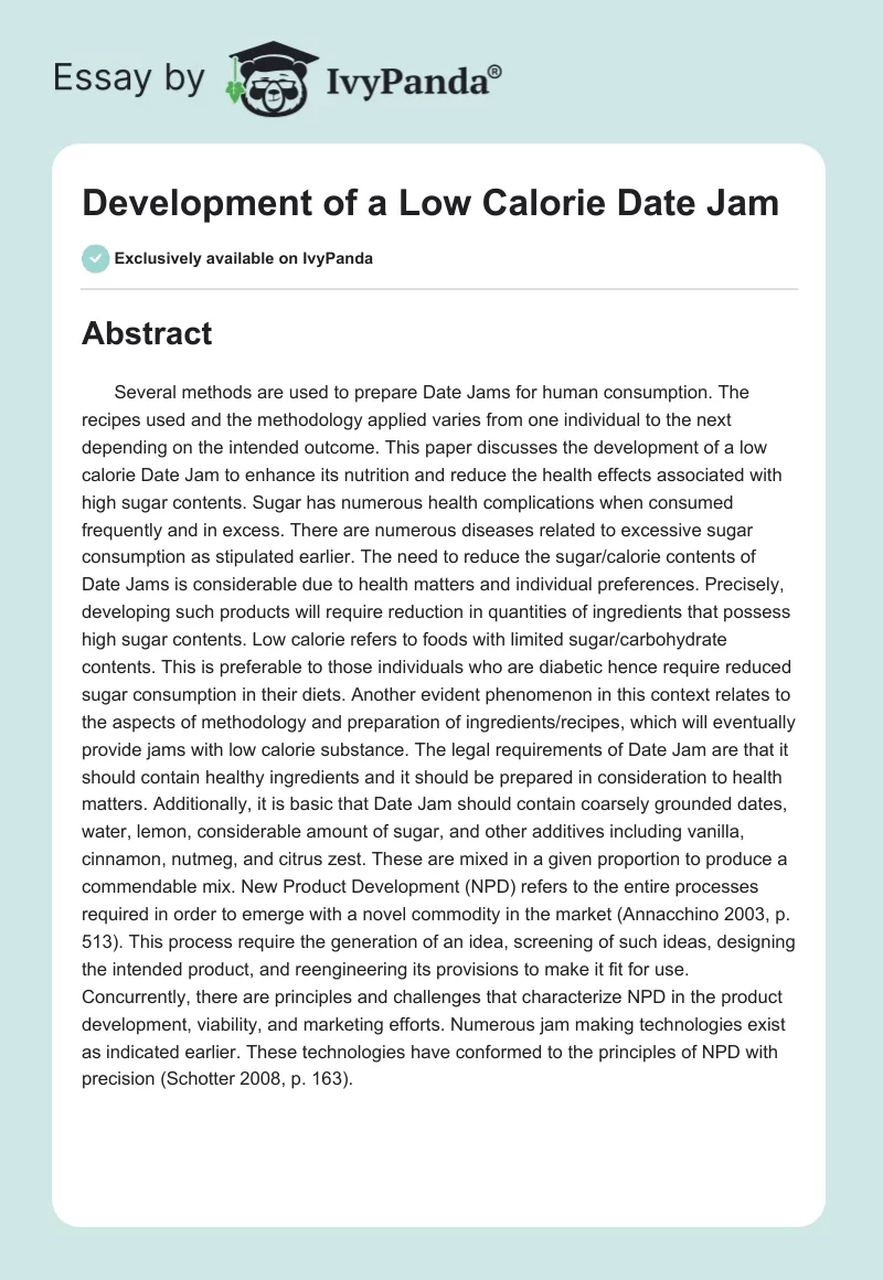 Development of a Low Calorie Date Jam. Page 1