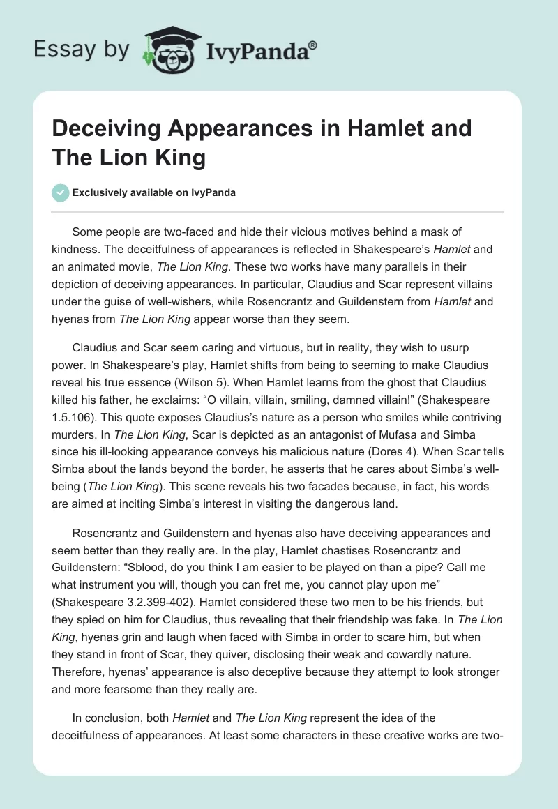 Deceiving Appearances in "Hamlet" and "The Lion King". Page 1