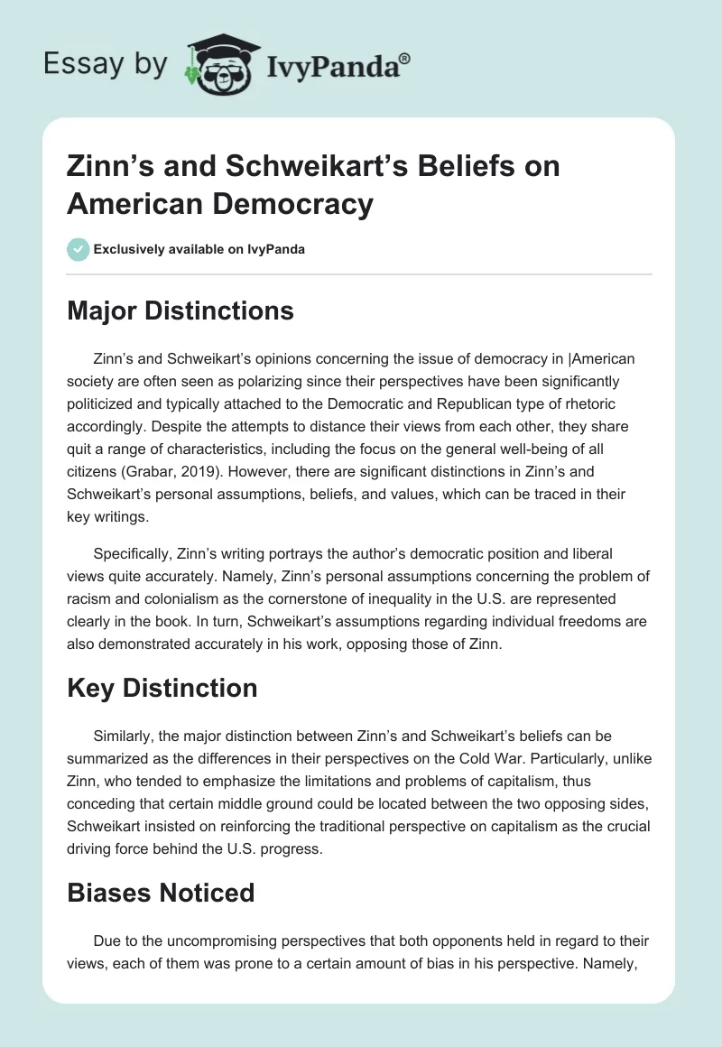 Zinn’s and Schweikart’s Beliefs on American Democracy. Page 1