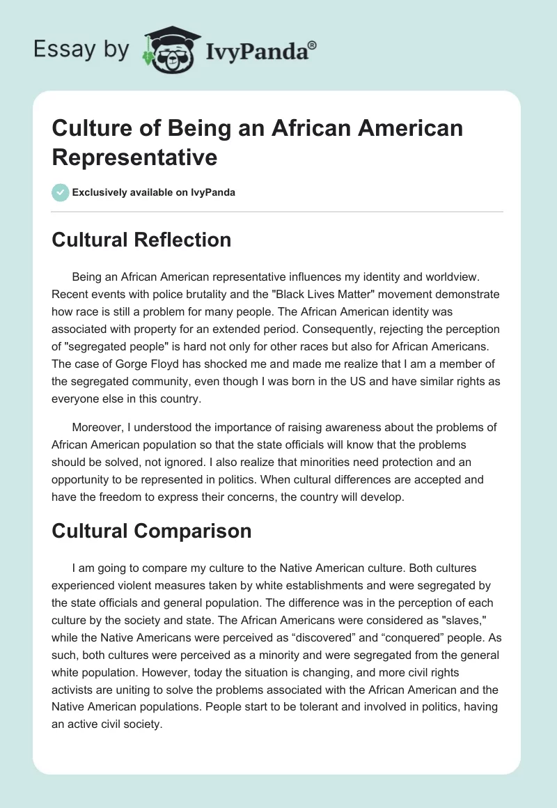 Culture of Being an African American Representative. Page 1