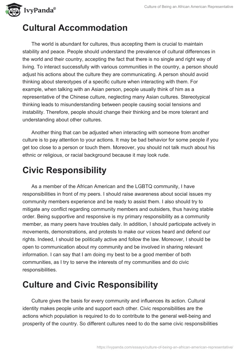Culture of Being an African American Representative. Page 2