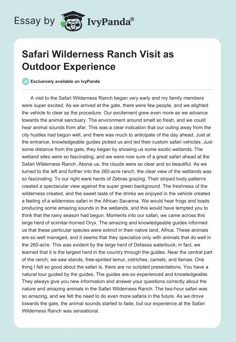 Safari Wilderness Ranch Visit as Outdoor Experience. Page 1
