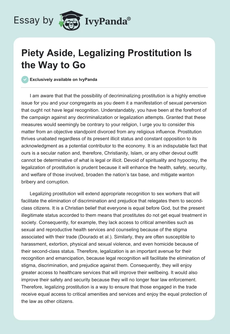 Piety Aside, Legalizing Prostitution Is the Way to Go. Page 1