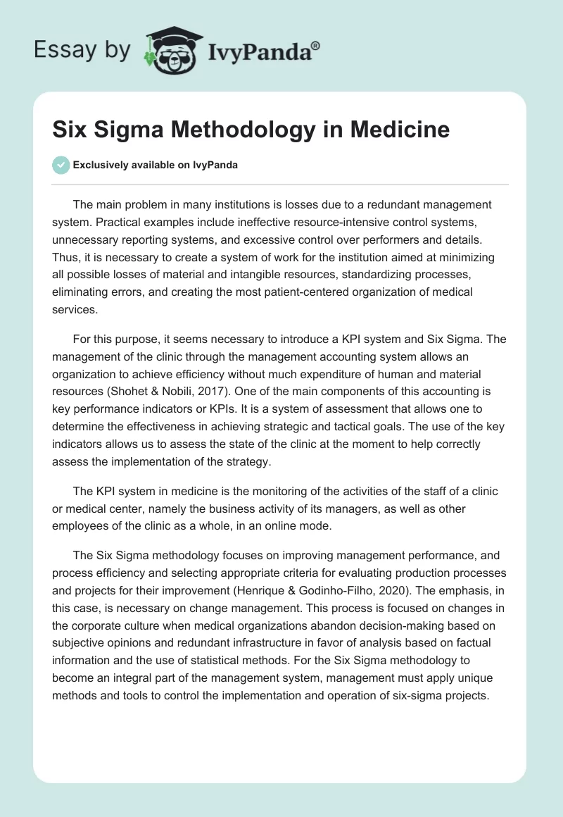 Six Sigma Methodology in Medicine. Page 1
