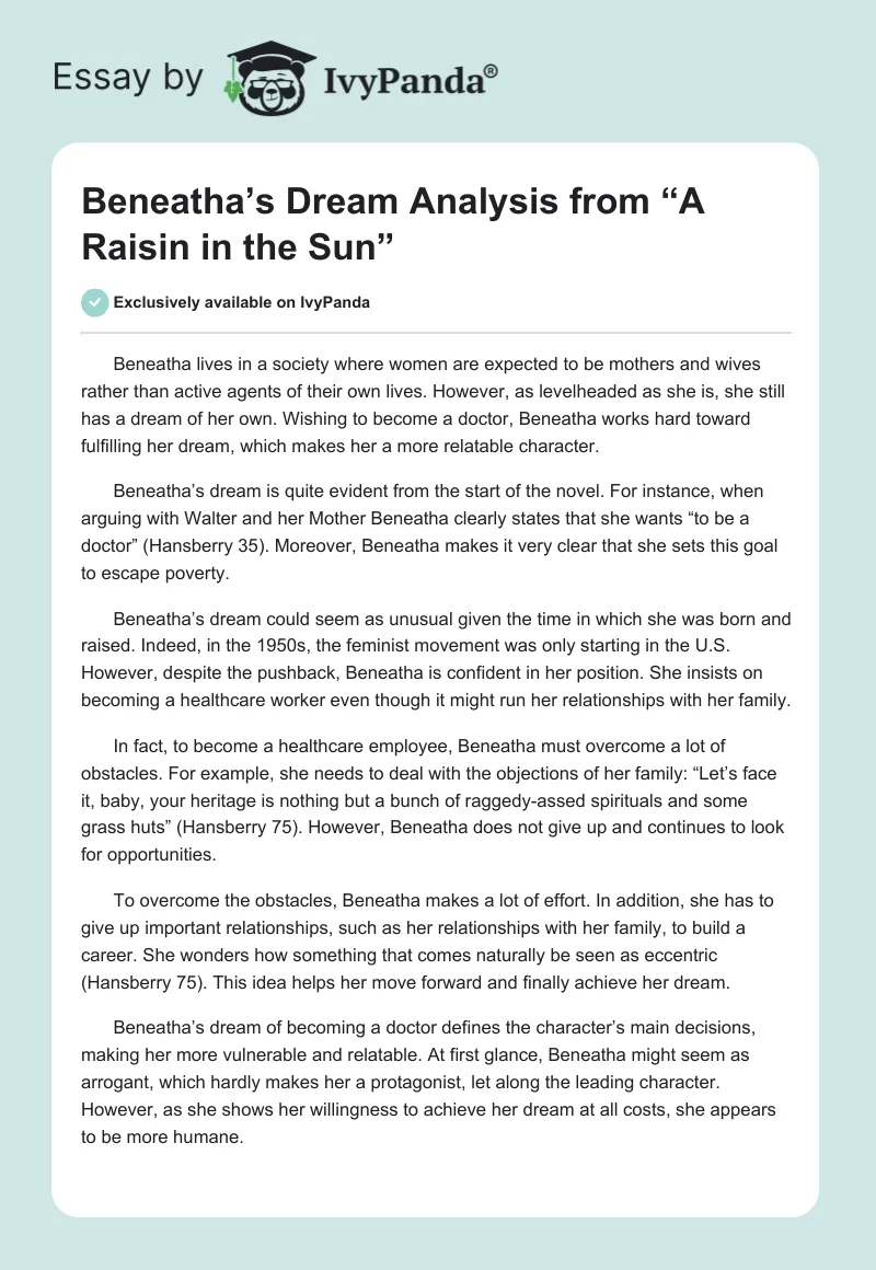 Beneatha’s Dream Analysis From “A Raisin in the Sun”. Page 1