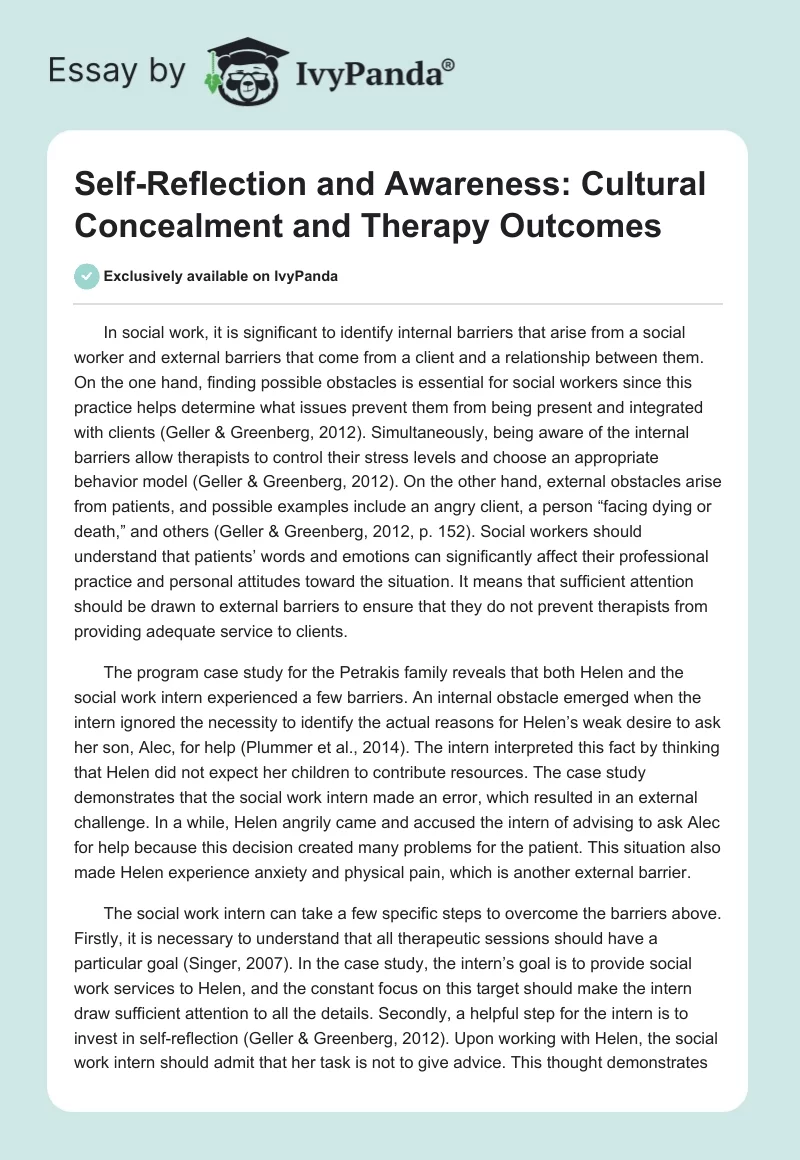 Self-Reflection and Awareness: Cultural Concealment and Therapy Outcomes. Page 1