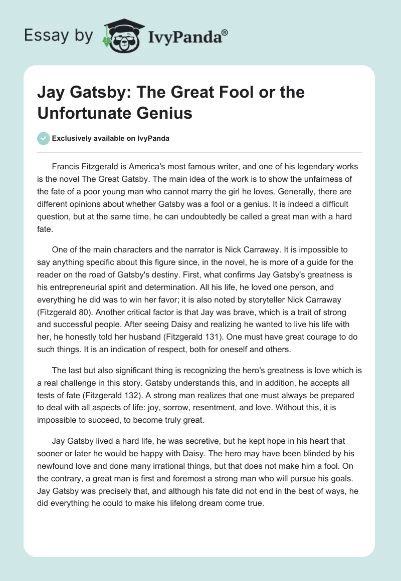 Jay Gatsby: The Great Fool or the Unfortunate Genius. Page 1