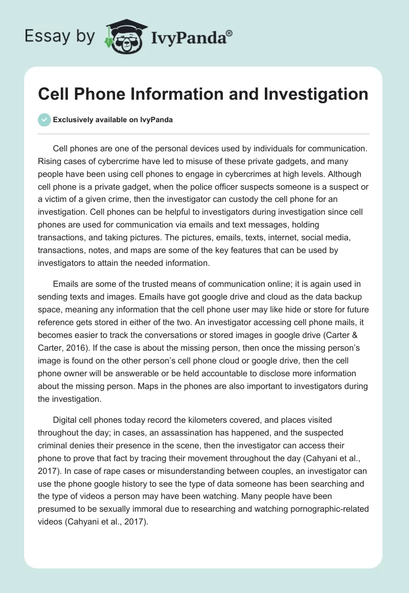 Cell Phone Information and Investigation. Page 1