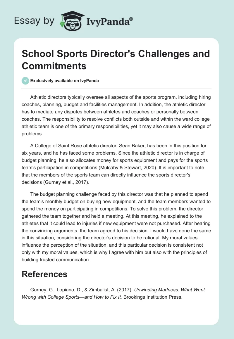 School Sports Director's Challenges and Commitments. Page 1