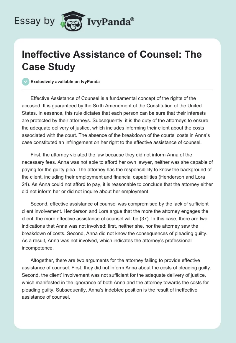 Ineffective Assistance of Counsel: The Case Study. Page 1