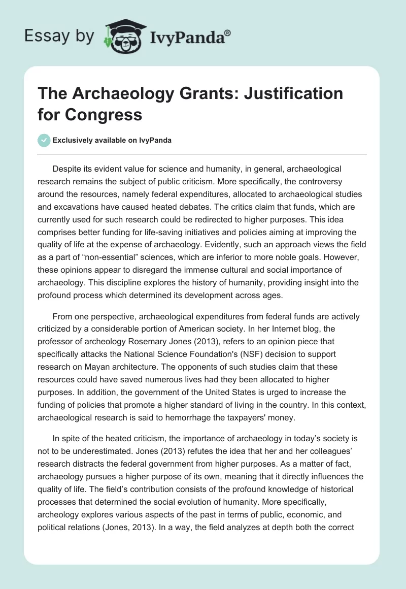 The Archaeology Grants: Justification for Congress. Page 1