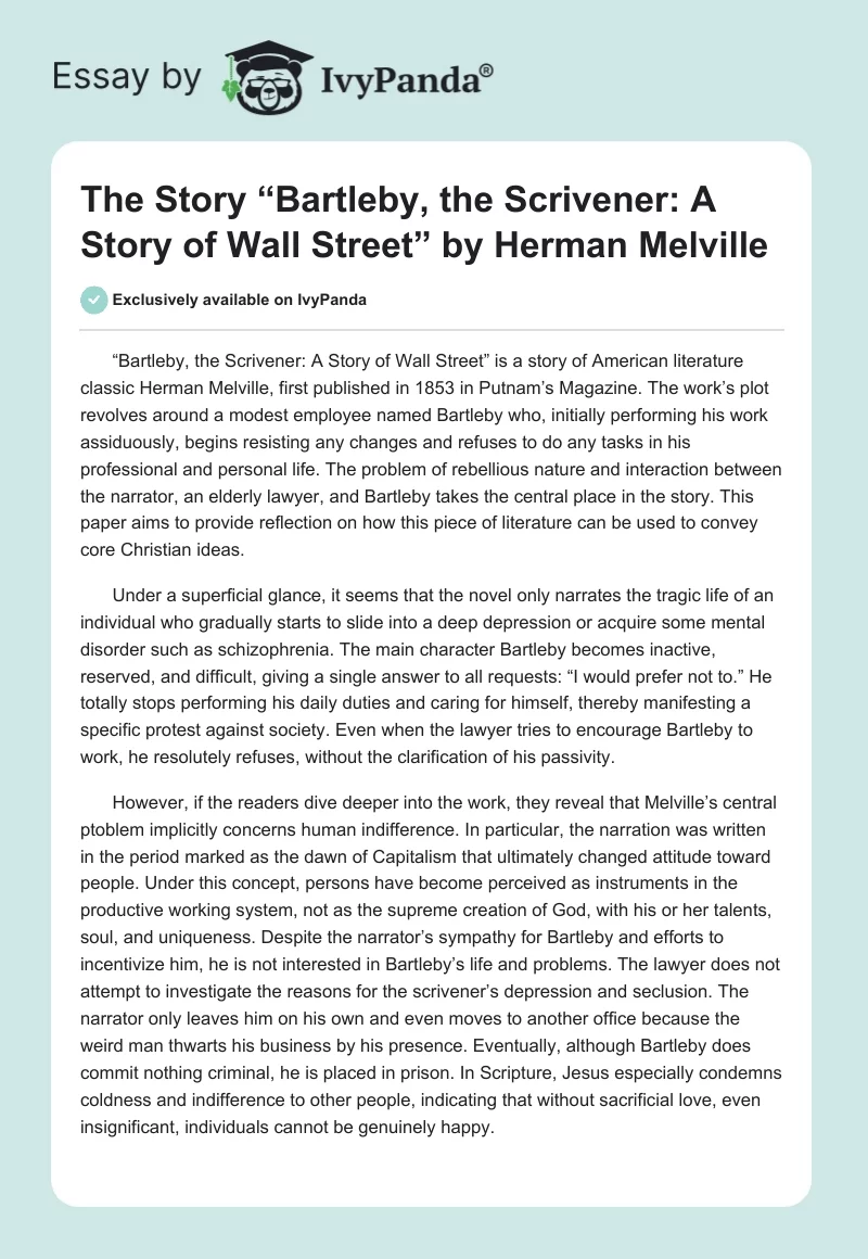 The Story “Bartleby, the Scrivener: A Story of Wall Street” by Herman Melville. Page 1