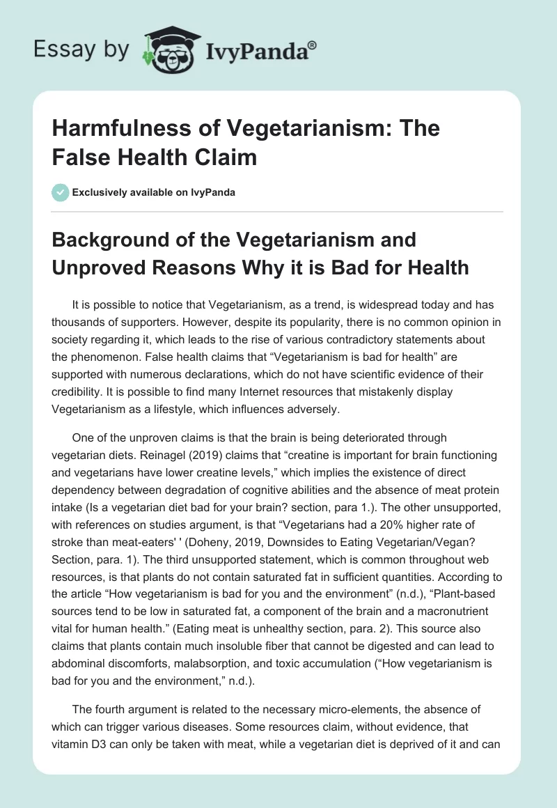 Harmfulness of Vegetarianism: The False Health Claim. Page 1