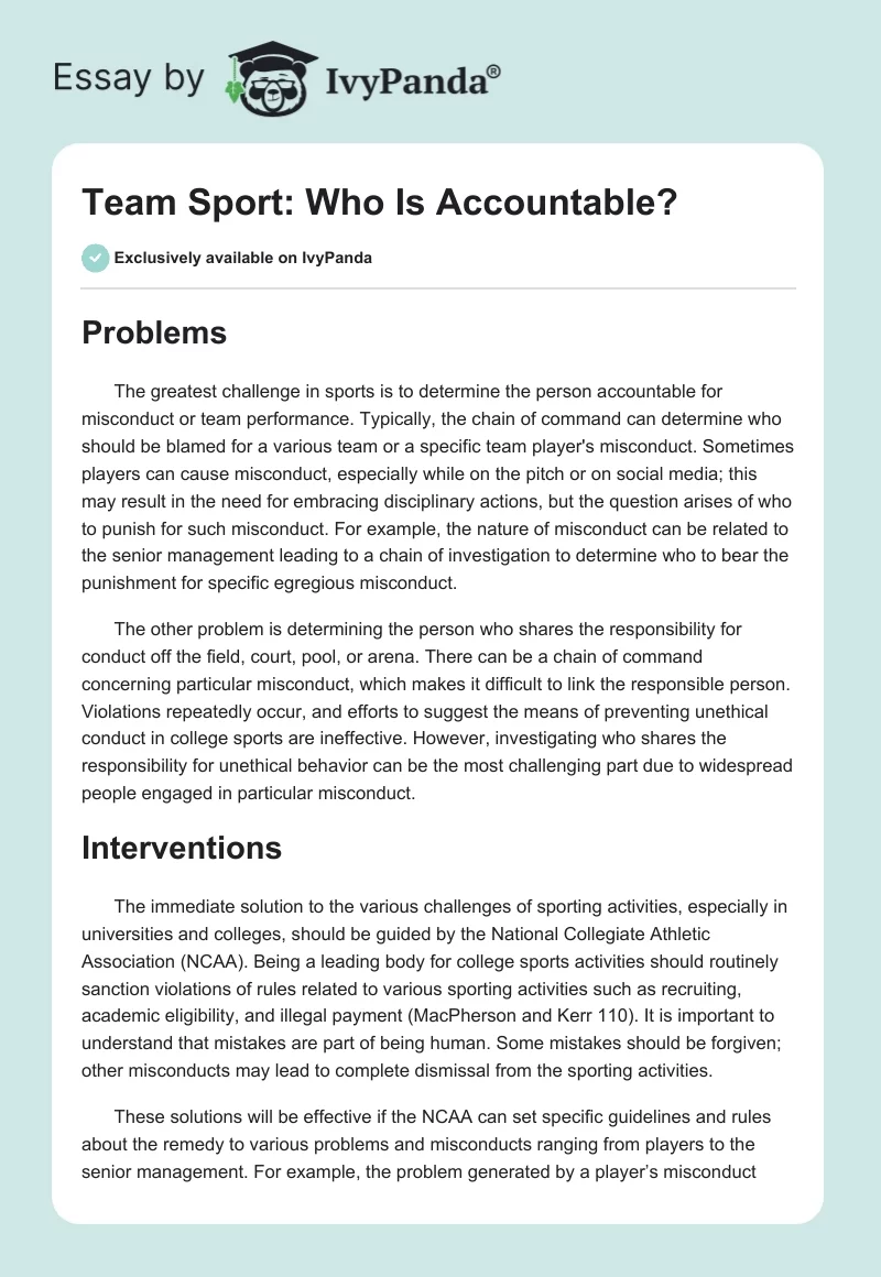 Team Sport: Who Is Accountable?. Page 1