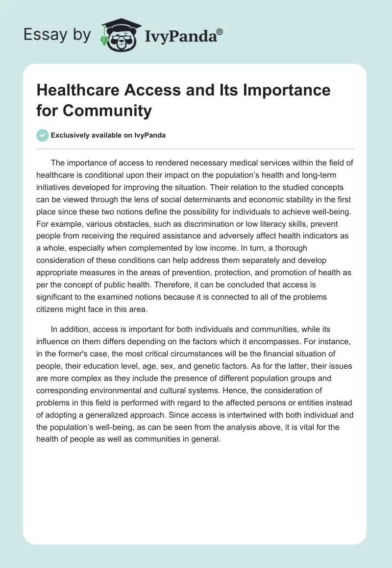 Healthcare Access and Its Importance for Community. Page 1