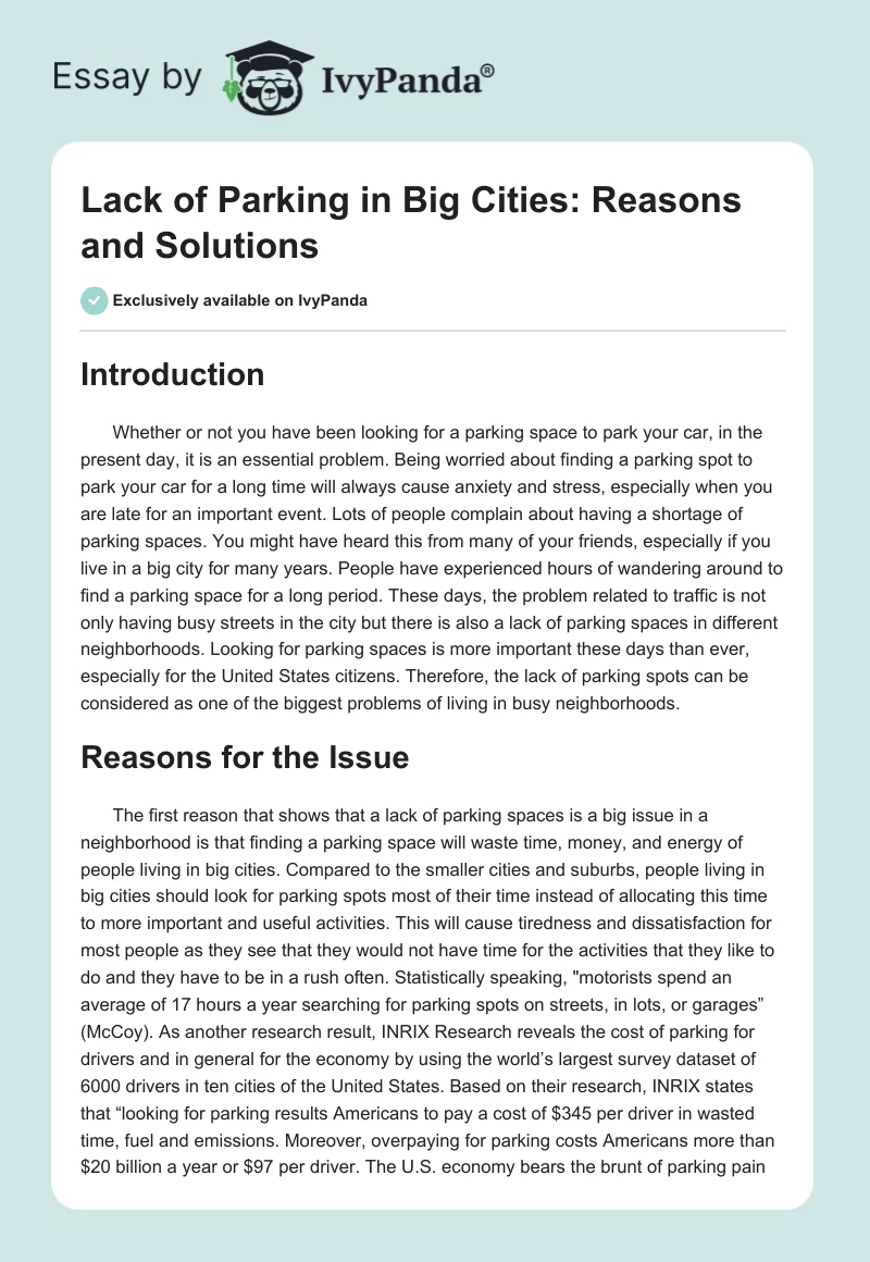 Lack of Parking in Big Cities: Reasons and Solutions. Page 1