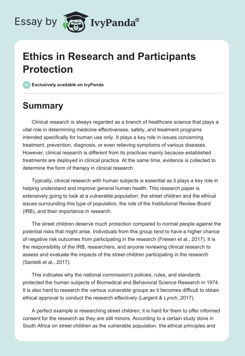 Ethics in Research and Participants Protection. Page 1