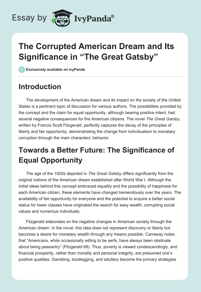 The Corrupted American Dream and Its Significance in “The Great Gatsby”. Page 1