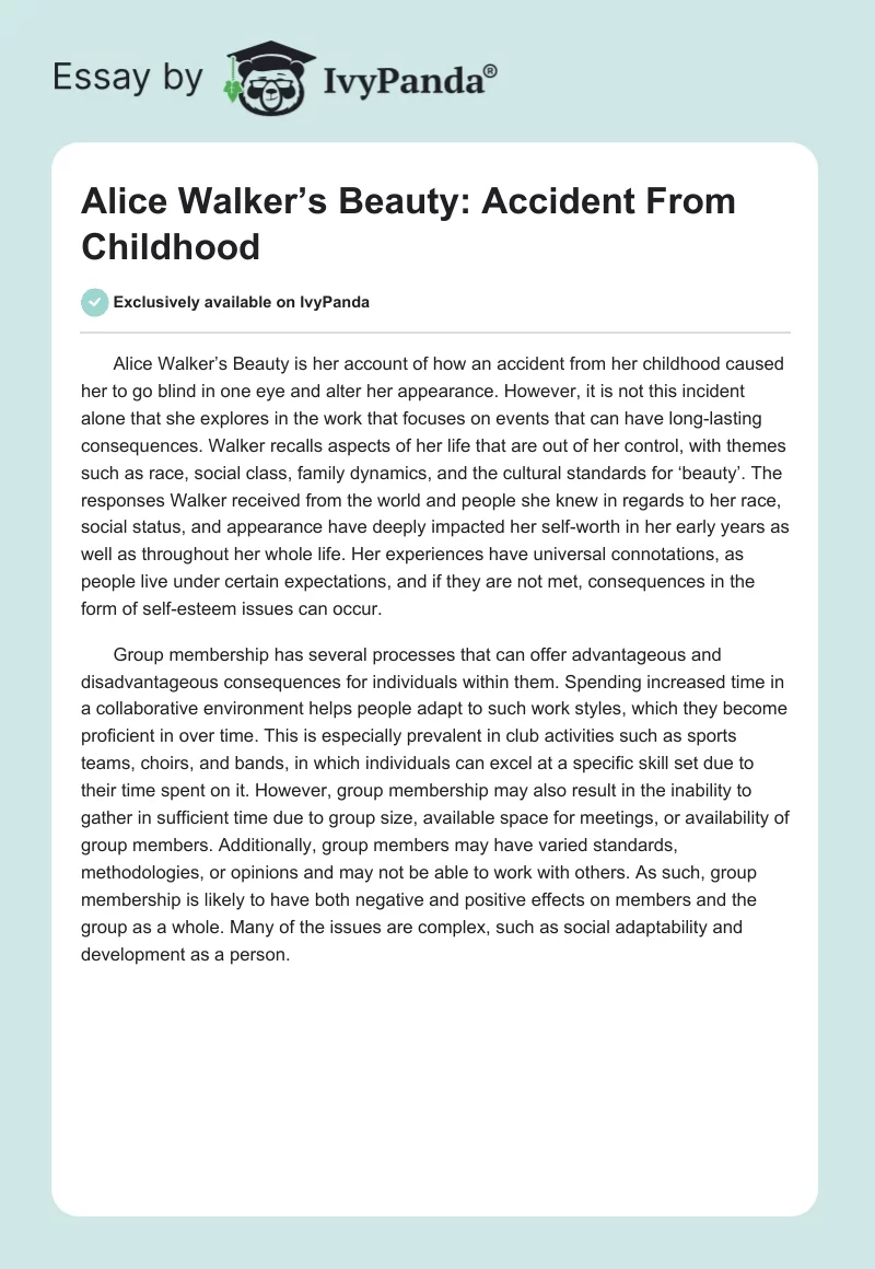 Alice Walker’s Beauty: Accident From Childhood. Page 1