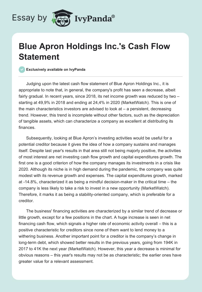 Blue Apron Holdings Inc.'s Cash Flow Statement. Page 1