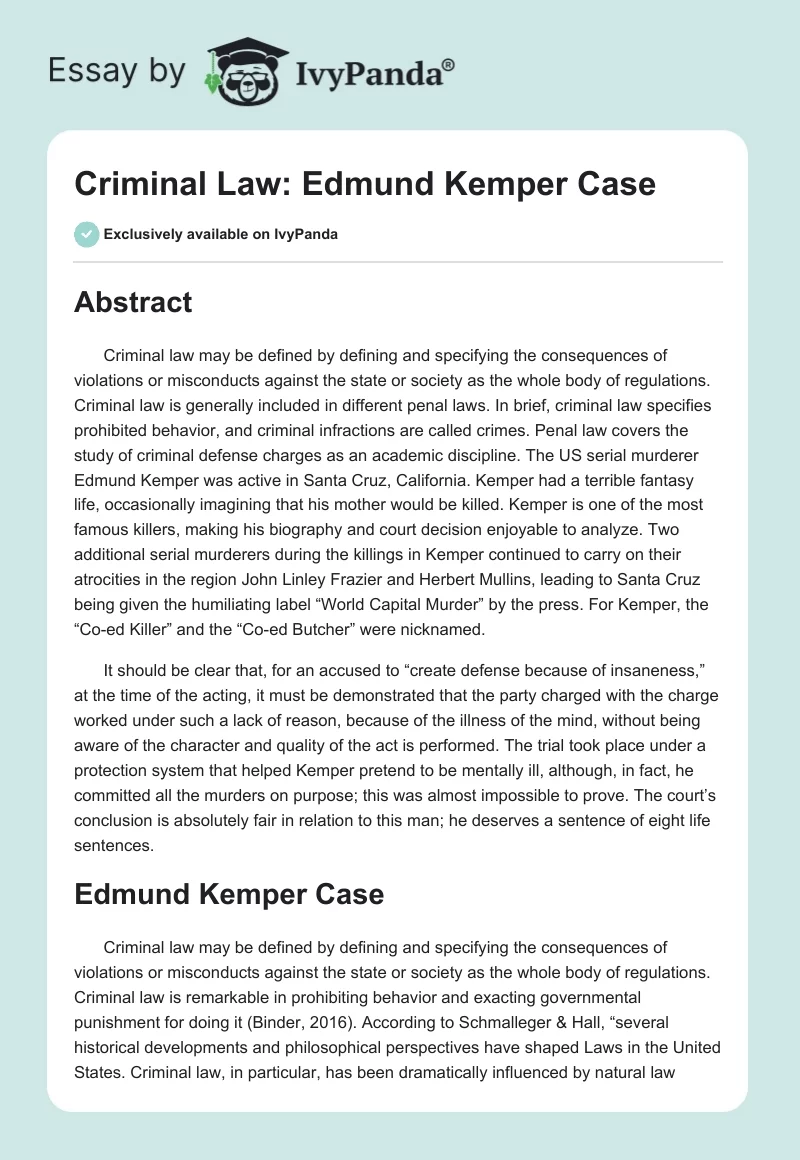 Criminal Law: Edmund Kemper Case. Page 1