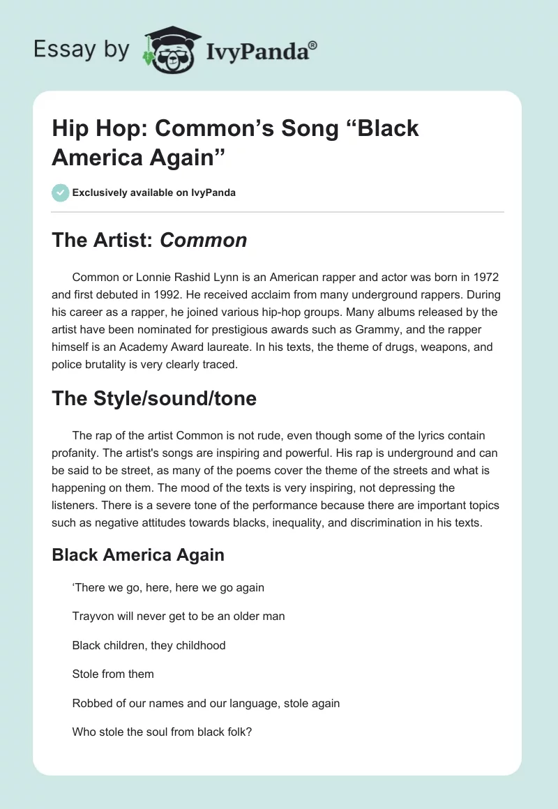 Hip Hop: Common’s Song “Black America Again”. Page 1